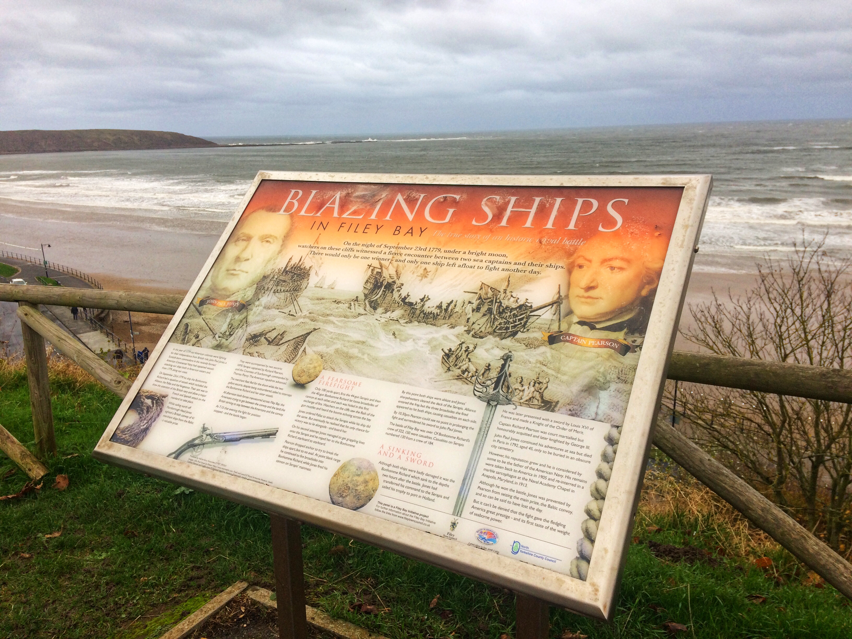 Story board over looking Filey Bay explaining Battle of Flamborough Head