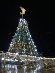 Filey's Fishtive Tree lit after dark